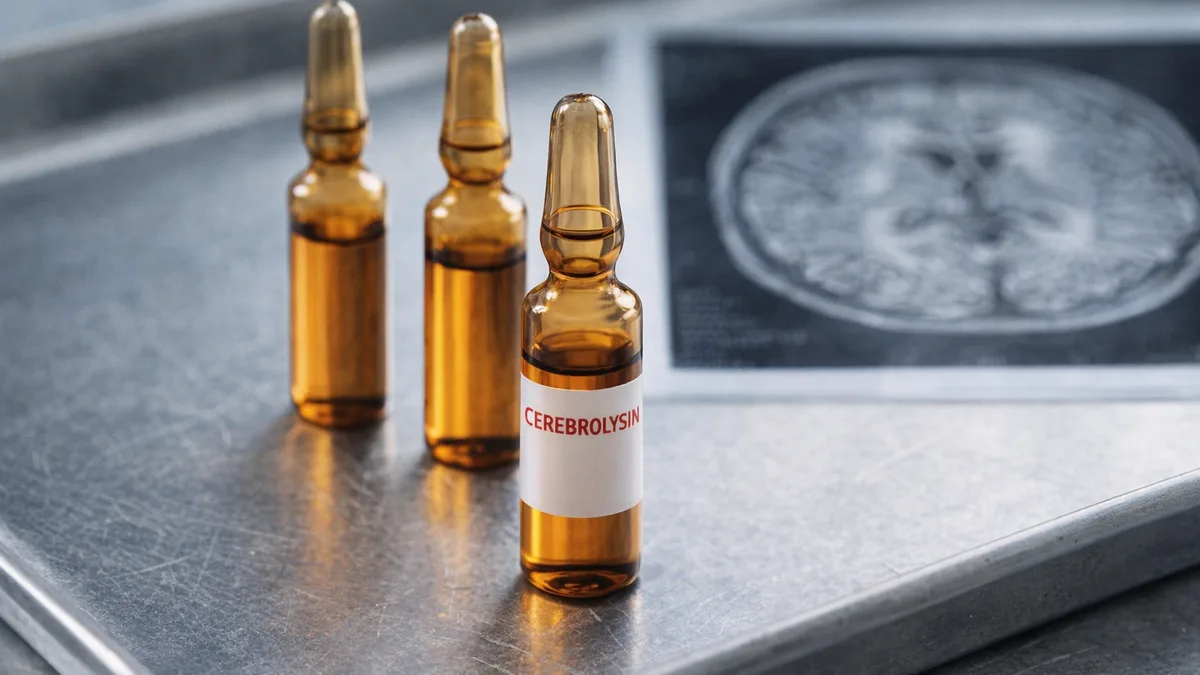Sealed amber Cerebrolysin ampoules arranged on a stainless clinical tray