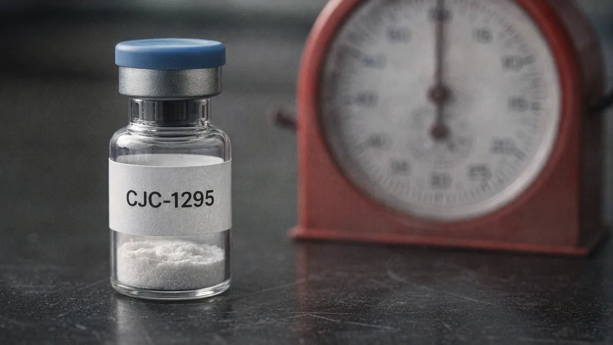 CJC-1295 research vial photographed beside a mechanical laboratory stopwatch