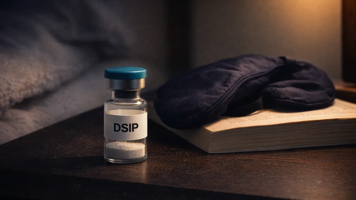 DSIP research vial beside a navy sleep mask and closed book on a bedside table