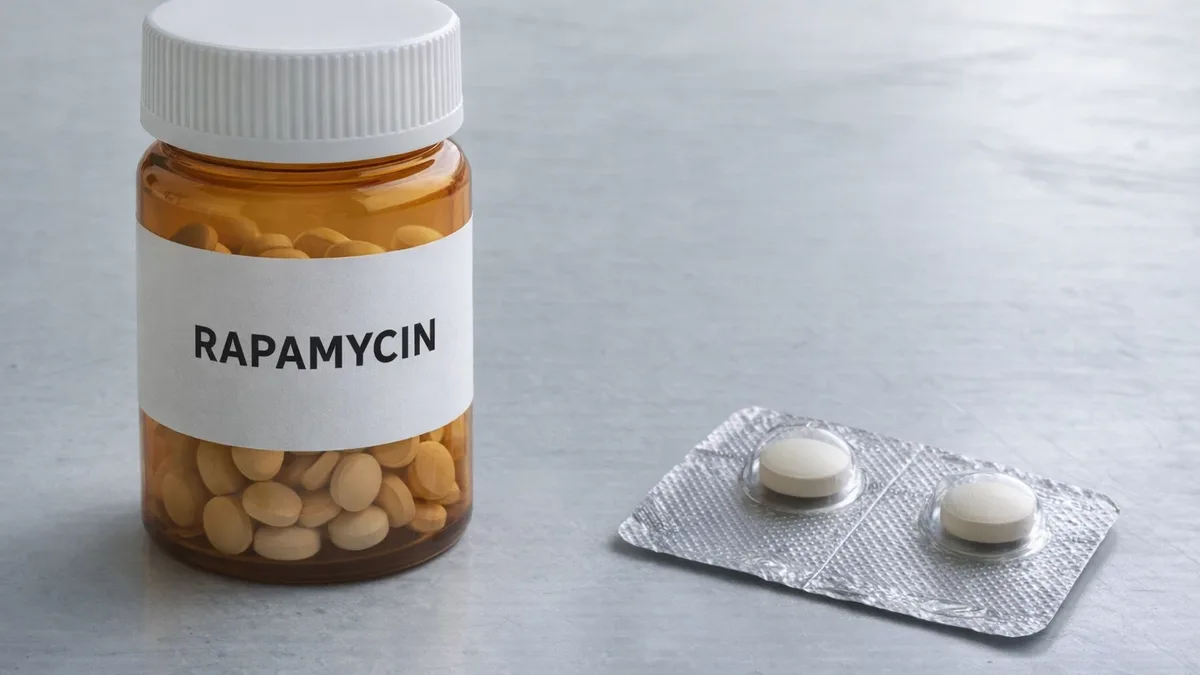 Generic Rapamycin pharmacy bottle and tablet blister on a clinical counter