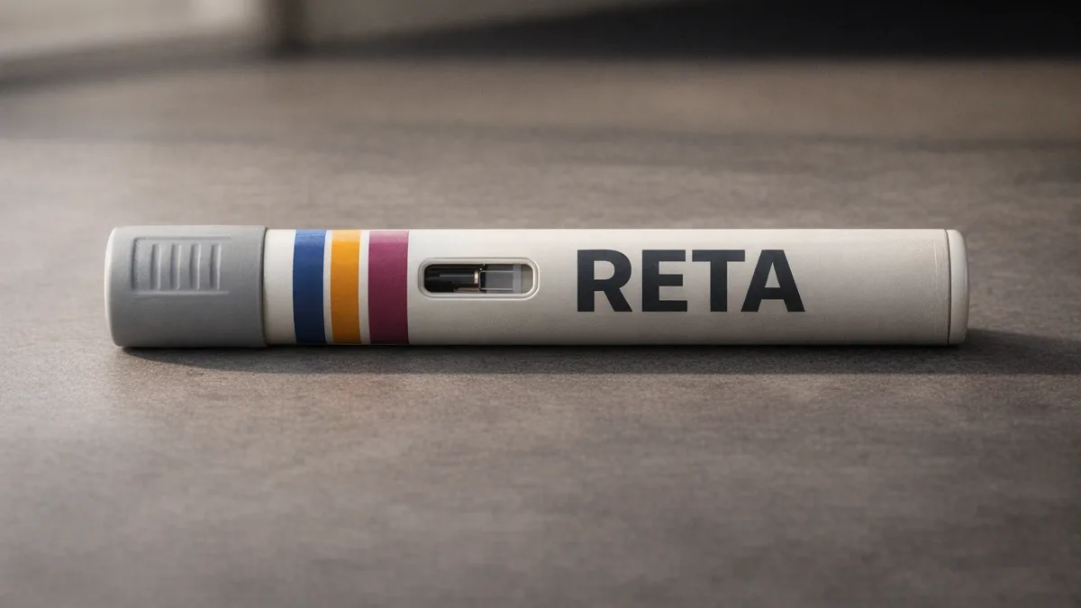 Fictional RETA autoinjector concept photographed with realistic molded seams and three printed color bands