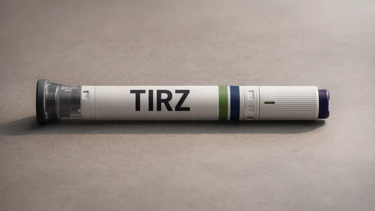 Unbranded TIRZ injection pen photographed with authentic molded hardware